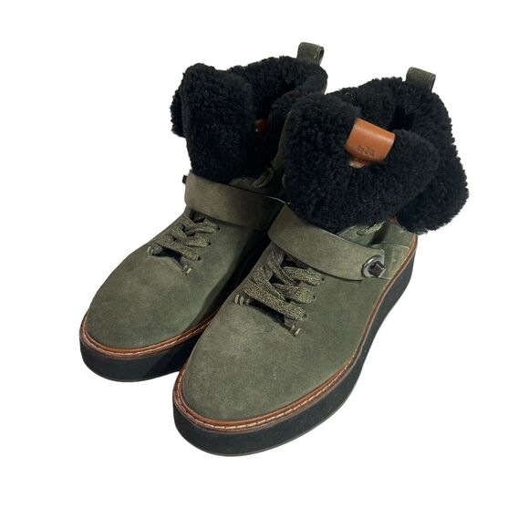 COACH G1354 Urban Hiker Suede Ankle Shearling Cold Weather Boots Green Size 7b - Picture 1 of 5